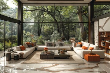 Fototapeta premium Spacious living room with large windows, forest views, modern furniture, and natural light, creating a harmonious and elegant setting