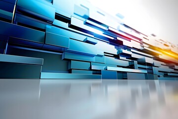 Abstract background of futuristic technology, white and blue colors, with light rays, light speed effects, geometric shapes, white floor, with modern buildings in the distance, in the style of hyper r