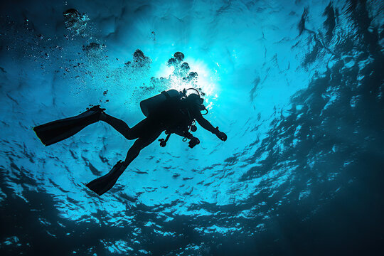 Generative ai on theme of scuba diver goes on underwater adventure among the deep scary blue sea