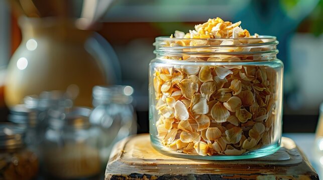 A glass jar filled with crispy fried garlic showing the delicious golden pieces through the clear glass