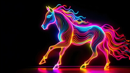 Glowing neon rainbow horse on black background