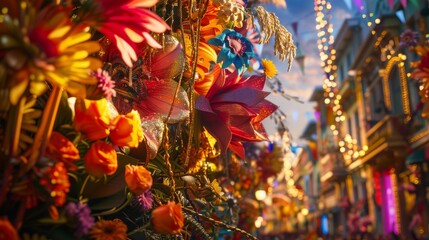 Fototapeta premium Immerse the audience in the colorful chaos of a carnival parade from a ground-level perspective Show intricate floats towering overhead