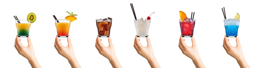 Woman hand holding cocktail glass with ice cubes on white background.