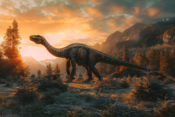 Generative ai on theme of big scary hungry dinosaur with kind eyes and sharp teeth destroying park