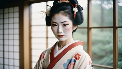 portrait of beautiful geisha with traditional clothes
