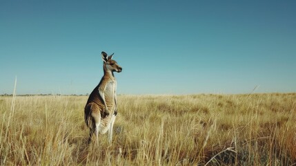 A kangaroo standing upright in a grassy field, gazing into the distance under a clear blue sky,...