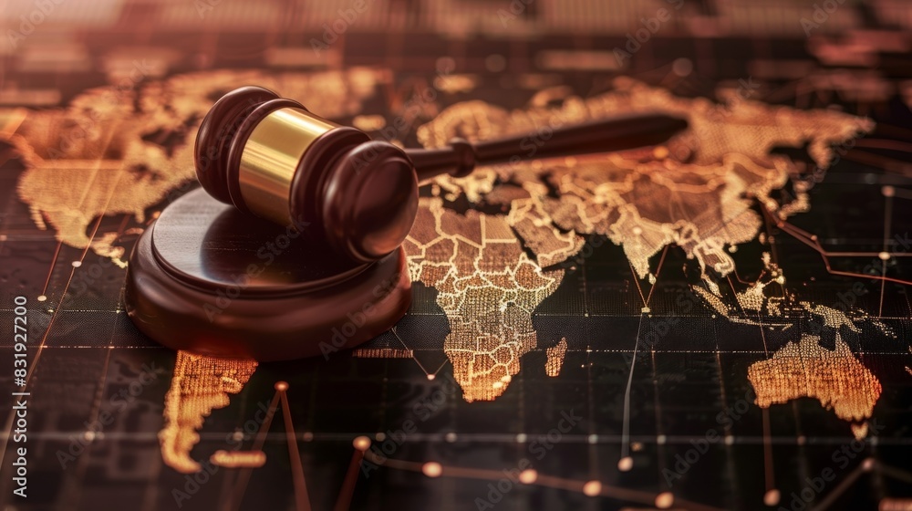 Poster the gavel and digital blocks superimposed over a map of the world illustrating the global scope of c