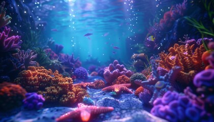 Naklejka premium Transform the scene with bio-luminescent elements like radiant plankton, gleaming starfish, and luminous coral reef for an underwater disco vibe using CG 3D effects