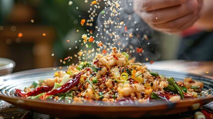A vibrant plate of fried garlic being sprinkled over a dish, adding a flavorful crunch