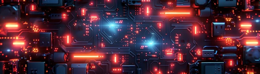 blue  red circuit board in atomic punk art deco style