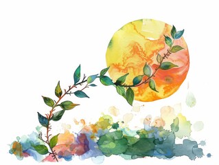 An upward-pointing arrow made of intertwining vines, symbolizing economic growth, vivid colors, shining sun in the background, watercolor, blending nature with progress