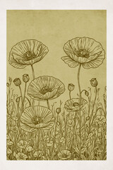 Field poppy . Botanical illustration for printing on wall decorations. Pattern for covers, business cards. Generated by Ai