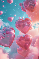 pink hearts floating in the air, against blue sky and pink clouds, Valentine's Day, love, background