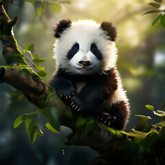 fluffy young panda sitting on tree branch A photo of a fluffy, baby panda cub sitting on a tree...