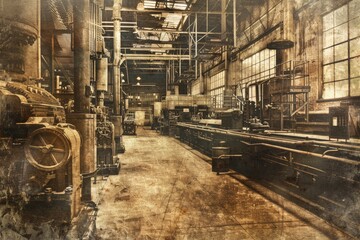 Expansive panoramic view of an old-fashioned industrial production factory