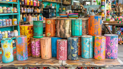 Colorful upcycled tin can craft display