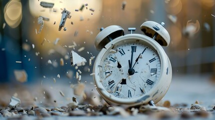 There is not much time left. Flying numbers on white alarm clock represent lost time. Time is limited resource that can be lost, much like the numbers on alarm clock that break into tiny pieces.