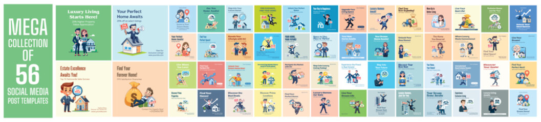 Mega collection of 56 social media post design template. Used for property agent advertising