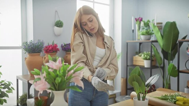A young woman in casual attire is multitasking by talking on the phone and putting on gloves in a floral shop.