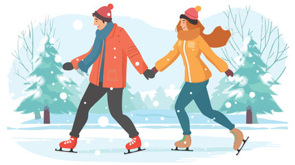 Winter activity concept. Man and woman at skates. Lei