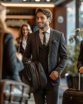 Business people wearing suits are having a interview meeting in a room, mixed race, shutterstock style