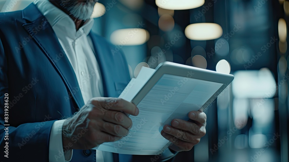 Poster close-up of a businessman reviewing documents and using a digital tablet in a modern office environm