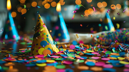 A detailed image of birthday confetti scattered on a table, with vibrant colors and shapes.