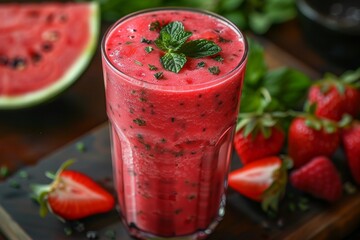 Watermelon Smoothie - Bright red with watermelon chunks and a sprig of mint. 