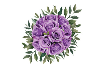 Watercolor purple rose flower bouquets clipart illustration and spring floral branch with green leaves decoration on white background,