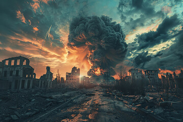Generative ai on theme of scary nuclear explosion in outdoor, mushroom cloud of nuclear weapons