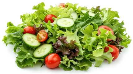Fresh green salad with mixed leafy greens, cherry tomatoes, cucumbers, and a light vinaigrette dressing