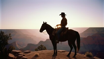 silhouette of a cowboy on his horse at the hill of grand canyon, sunset view,

