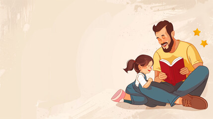 A charming Father's Day illustration of a father reading to his child, set on a blank mockup background, providing ample space for text and design elements.