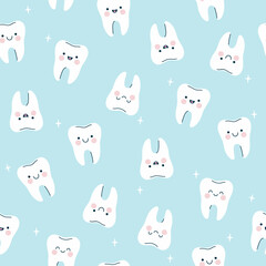 Simple seamless pattern with cute kawaii teeth. Vector graphics.