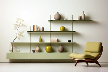 A stylish green living room with a variety of vases books and other knickknacks on the shelves and a comfortable green armchair