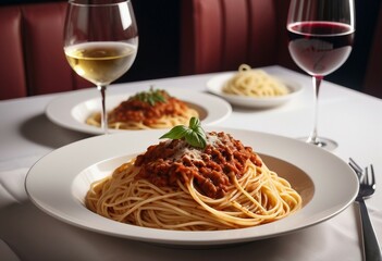 traditional spaghetti and glass of wine at luxury restaurant
