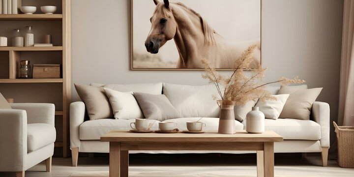 Rustic living room with horse painting offwhite sofas wooden coffee table. Concept Rustic Decor, Horse Painting, Off-White Sofas, Wooden Coffee Table