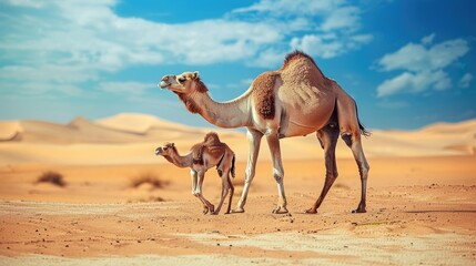 Mother camel with her calf walking side by side across the expansive desert, illustrating the bond...