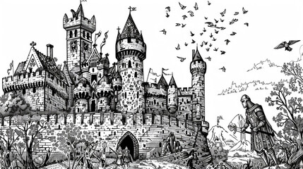 Naklejka premium Medieval castles and knights intricately drawn in black and white doodles,