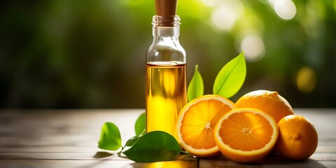 Refreshing Display: Vitamin Serum Bottle with Orange Slices and Green Leaves. Concept Product Presentation, Natural Ingredients, Skincare Photography, Citrus Aesthetics, Fresh Beauty Shots