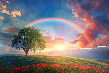Generative ai on theme of beautiful tranquil landscape with magical bright rainbow at cloudy sky