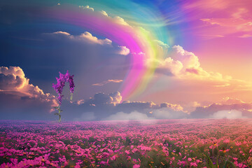 Generative ai on theme of beautiful tranquil landscape with magical bright rainbow at cloudy sky