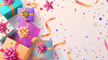 Celebratory Birthday Card Design with Gift Boxes and Ribbon on Light Background - Vector Illustration for Banner, Greeting Cards, and Posters