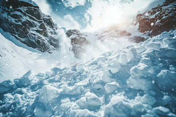 Generative ai on theme of descent of an huge avalanche from the mountain, winter nature landscape