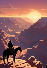 silhouette of a cowboy on his horse at the hill of grand canyon, sunset view,

