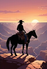 silhouette of a cowboy on his horse at the hill of grand canyon, sunset view,

