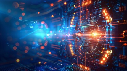 Obraz premium A futuristic space with a blue hologram screen in the center. The technology background