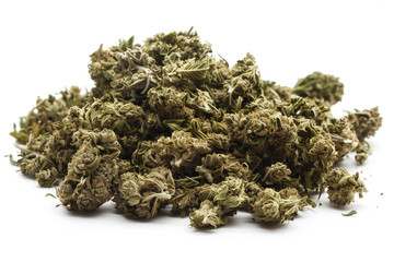 A pile of marijuana buds on a white background. The buds are small and green, and they are scattered all over the surface. Concept of abundance and variety