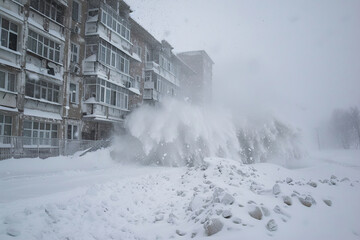 Generative ai on theme of descent of an huge avalanche from the mountain, winter nature landscape