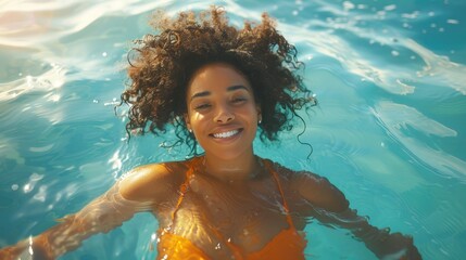 Young woman wearing a bikini swimming in a pool on a summer day